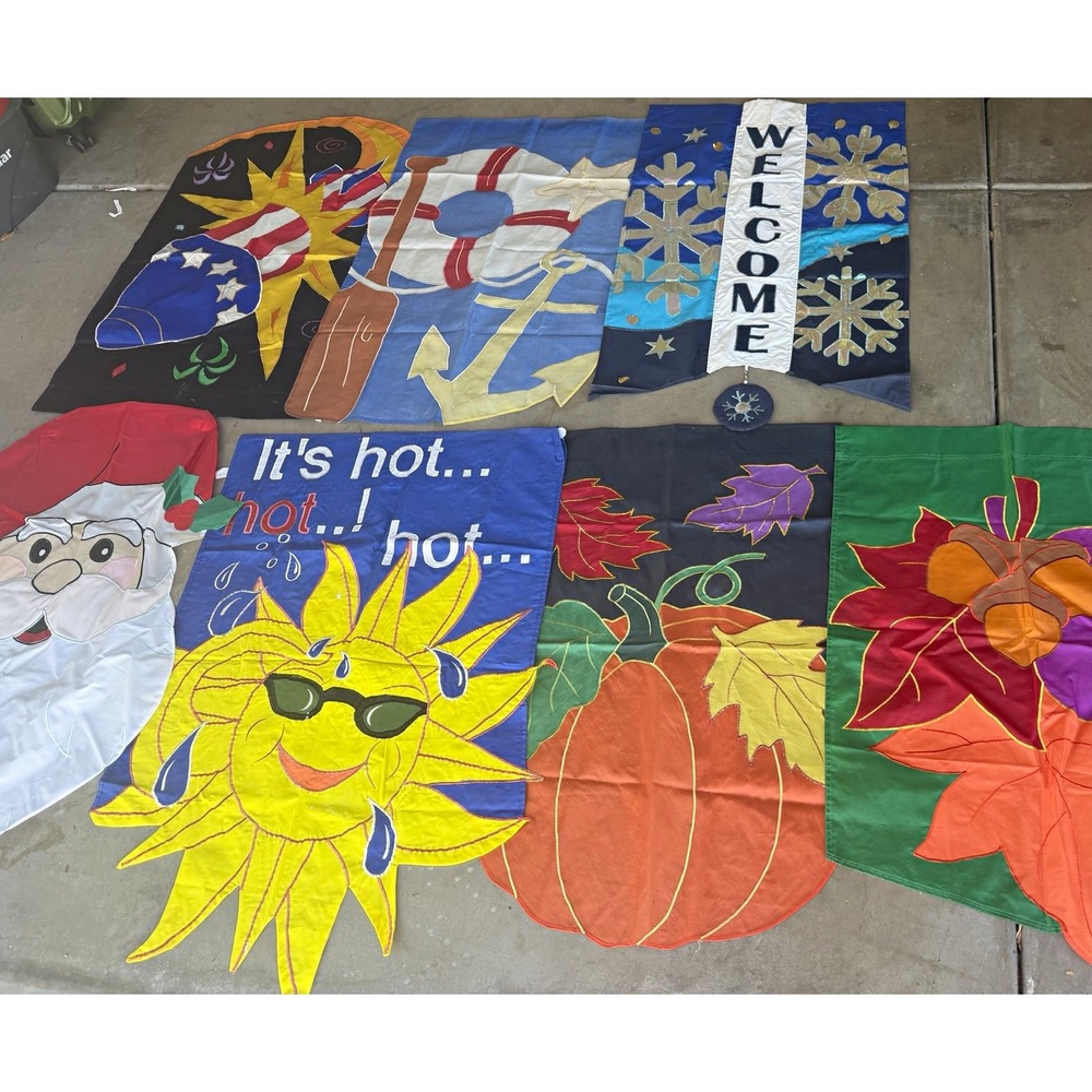 Lot of 7 vintage seasonal yard flags banners decor, weather resistant, santa sun